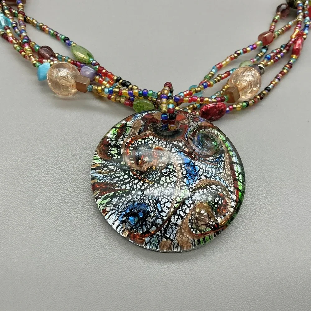 Necklace Multicolor Seed Bead Multi Strand Art Glass Round Pendant Statement